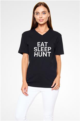 Avcılık - Hunting Baskılı Unisex Siyah V Yaka Tişört