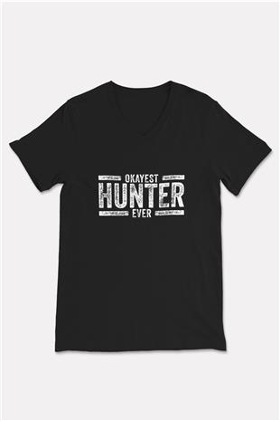Avcılık - Hunting Baskılı Unisex Siyah V Yaka Tişört