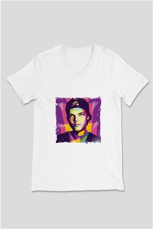 Avicii Baskılı Beyaz V Yaka Unisex Tişört