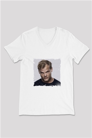 Avicii Baskılı Beyaz V Yaka Unisex Tişört