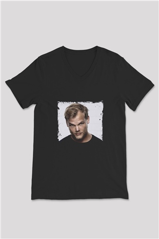 Avicii Baskılı Unisex Siyah V Yaka Tişört