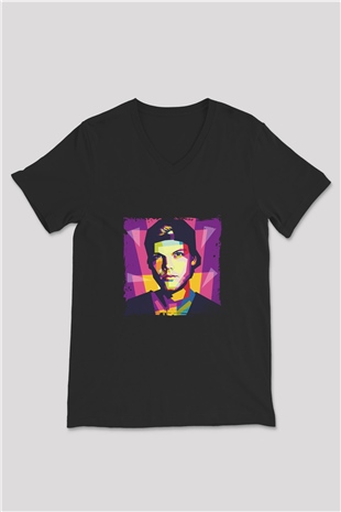 Avicii Baskılı Unisex Siyah V Yaka Tişört