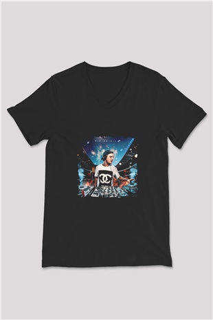 Avicii Baskılı Unisex Siyah V Yaka Tişört