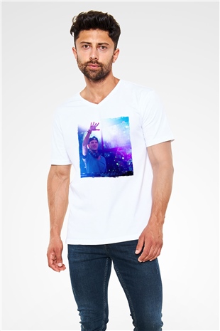 Avicii Beyaz Unisex V Yaka Tişört