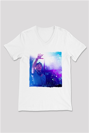 Avicii Beyaz Unisex V Yaka Tişört