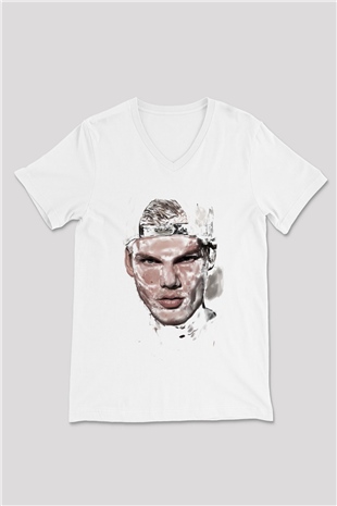 Avicii Beyaz Unisex V Yaka Tişört