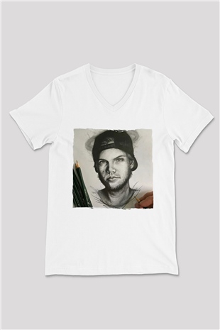 Avicii Beyaz Unisex V Yaka Tişört