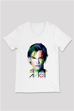 Avicii Beyaz Unisex V Yaka Tişört T-Shirt