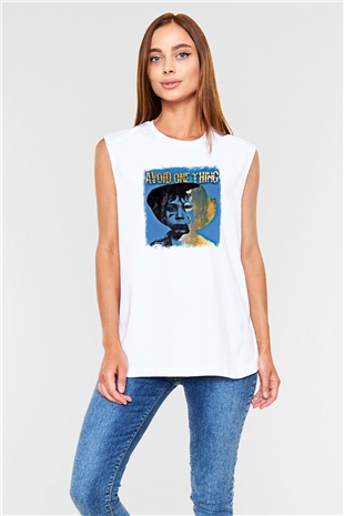 Avoid One Thing Baskılı Unisex Beyaz Kolsuz Tişört