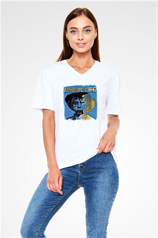 Avoid One Thing Baskılı Unisex Beyaz V Yaka Tişört