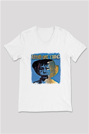 Avoid One Thing Baskılı Unisex Beyaz V Yaka Tişört