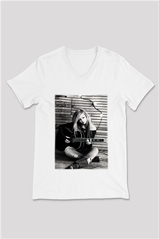 Avril Lavigne Beyaz Unisex V Yaka Tişört T-Shirt