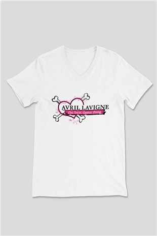 Avril Lavigne Beyaz Unisex V Yaka Tişört T-Shirt