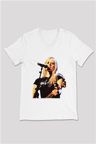 Avril Lavigne Beyaz Unisex V Yaka Tişört T-Shirt