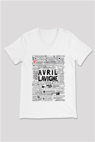 Avril Lavigne Beyaz Unisex V Yaka Tişört T-Shirt