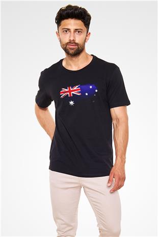 Avustralya - Australia Bayrağı Baskılı Unisex Siyah Tişört