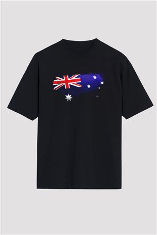 Avustralya - Australia Bayrağı Baskılı Unisex Siyah Oversize Tişört
