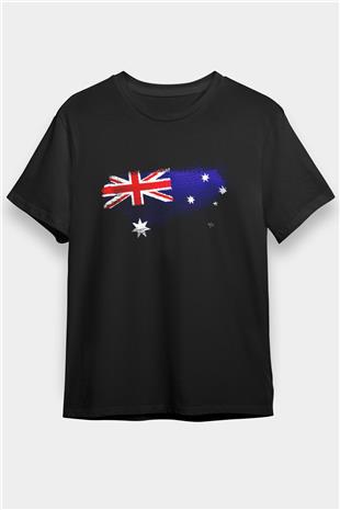 Avustralya - Australia Bayrağı Baskılı Unisex Siyah Tişört