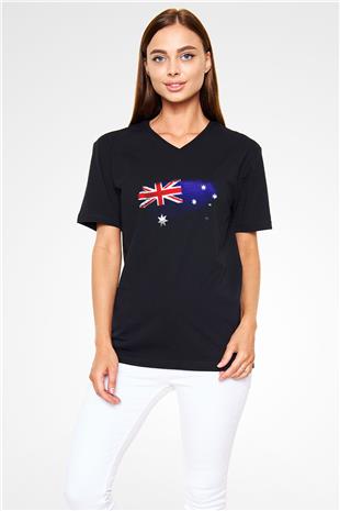 Avustralya - Australia Bayrağı Baskılı Unisex Siyah V Yaka Tişört