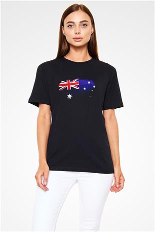 Avustralya - Australia Bayrağı Baskılı Unisex Siyah Tişört