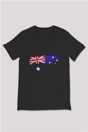 Avustralya - Australia Bayrağı Baskılı Unisex Siyah V Yaka Tişört