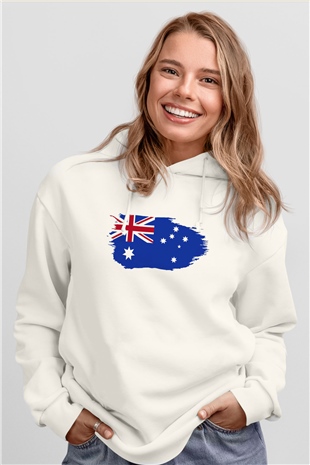 Avustralya Beyaz Unisex Kapşonlu Sweatshirt