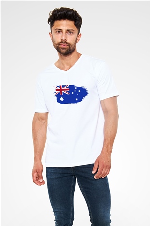 Avustralya Beyaz Unisex V Yaka Tişört T-Shirt