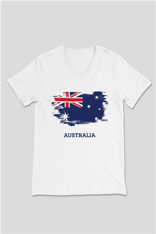 Avustralya Beyaz Unisex V Yaka Tişört T-Shirt