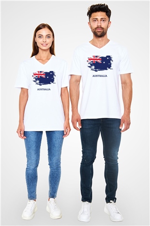 Avustralya Beyaz Unisex V Yaka Tişört T-Shirt