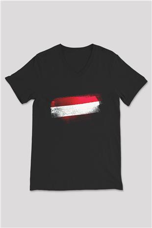 Avusturya - Austria Bayrağı Baskılı Unisex Siyah V Yaka Tişört