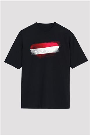 Avusturya - Austria Bayrağı Baskılı Unisex Siyah Oversize Tişört