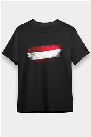 Avusturya - Austria Bayrağı Baskılı Unisex Siyah Tişört