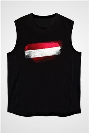 Avusturya - Austria Bayrağı Baskılı Unisex Siyah Kolsuz Tişört