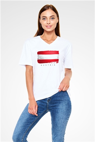 Avusturya Beyaz Unisex V Yaka Tişört