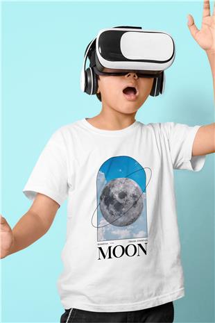 Ay Baskılı Unisex Beyaz Çocuk Tişörtü - Tshirt