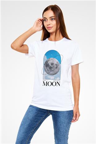 Ay Baskılı Unisex Beyaz Tişört - Tshirt