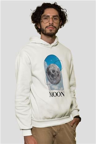 Ay Baskılı Unisex Ekru Hoodie