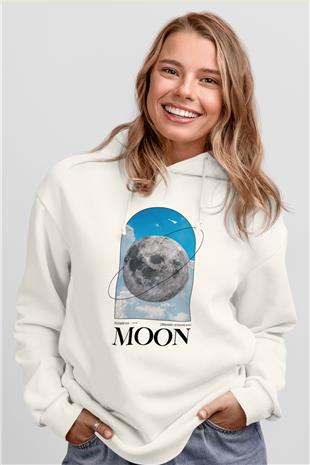 Ay Baskılı Unisex Ekru Hoodie