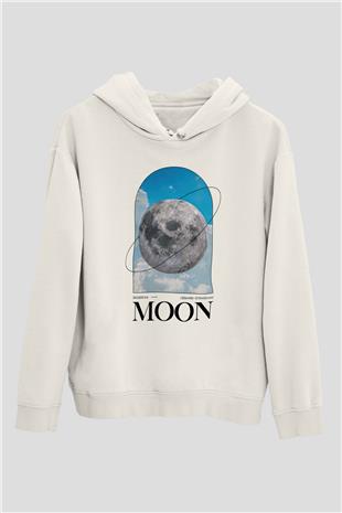 Ay Baskılı Unisex Ekru Hoodie
