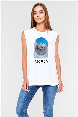Ay Baskılı Unisex Kolsuz Beyaz Tişört - Tshirt