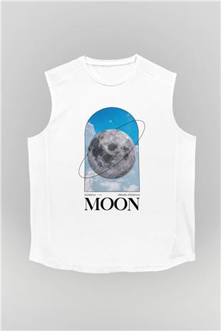 Ay Baskılı Unisex Kolsuz Beyaz Tişört - Tshirt