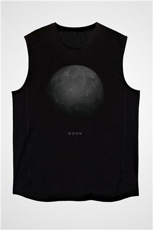 Ay Baskılı Unisex Kolsuz Siyah Tişört - Tshirt