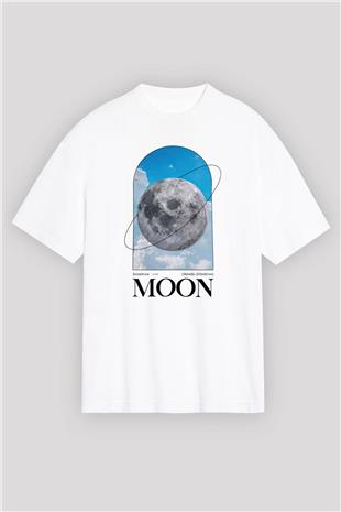 Ay Baskılı Unisex Oversize Beyaz Tişört - Tshirt