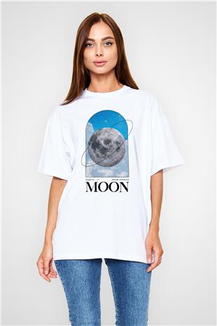 Ay Baskılı Unisex Oversize Beyaz Tişört - Tshirt