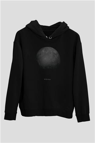 Ay Baskılı Unisex Siyah Hoodie