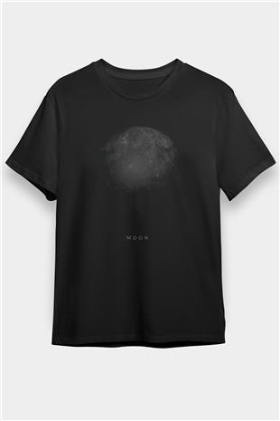 Ay Baskılı Unisex Siyah Tişört - Tshirt