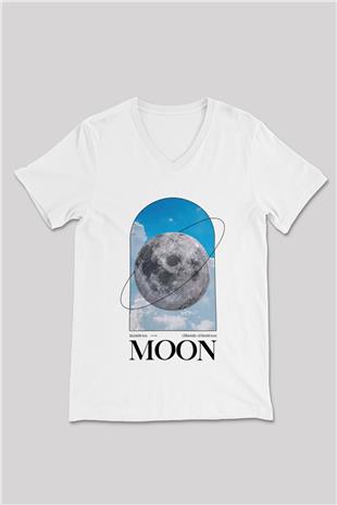 Ay Baskılı Unisex V Yaka Beyaz Tişört - Tshirt