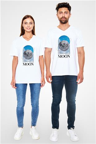 Ay Baskılı Unisex V Yaka Beyaz Tişört - Tshirt