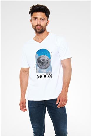 Ay Baskılı Unisex V Yaka Beyaz Tişört - Tshirt