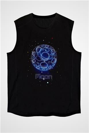 Ay Çizim Baskılı Unisex Kolsuz Siyah Tişört - Tshirt